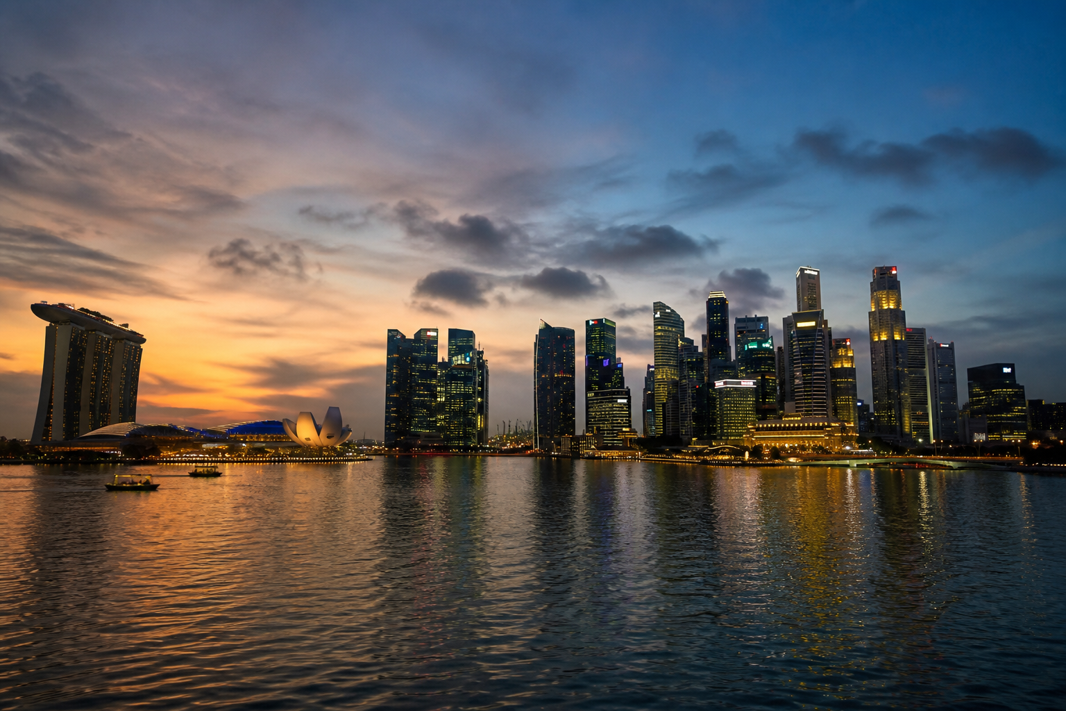 Marina Bay Sands and the Singapore skyline across the water at dusk